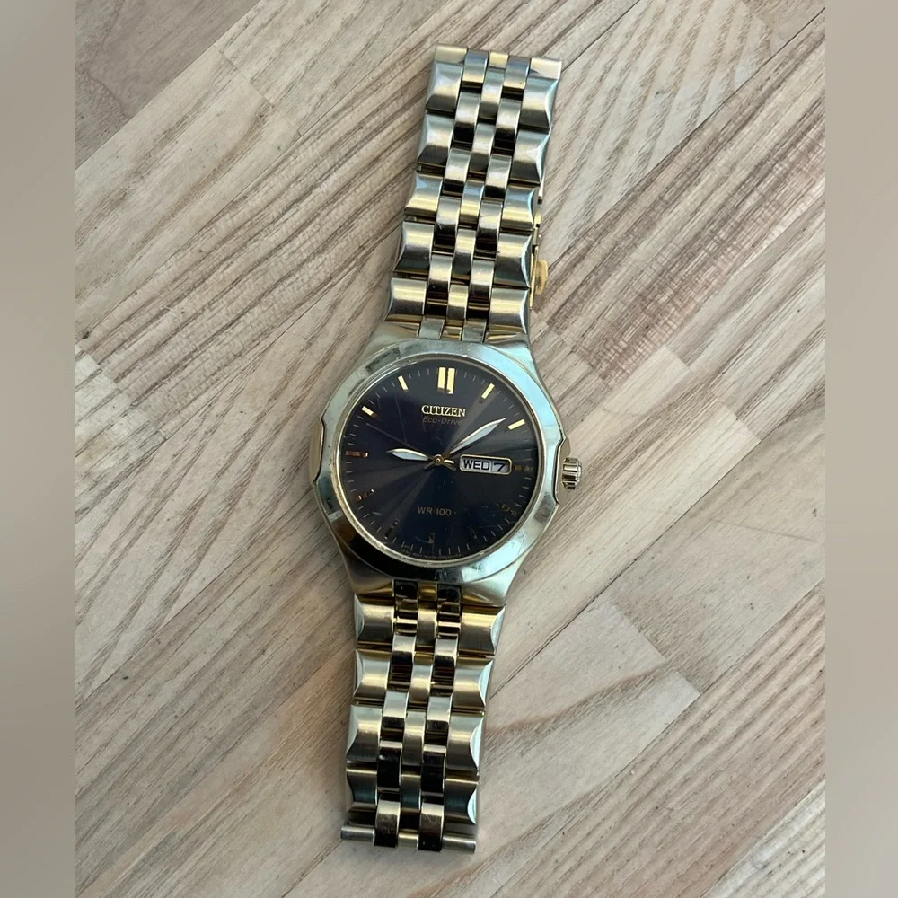 Citizen Eco-Drive Men’s Watch Dark Gray Dial Day Date Window Gold-Tone Bracelet